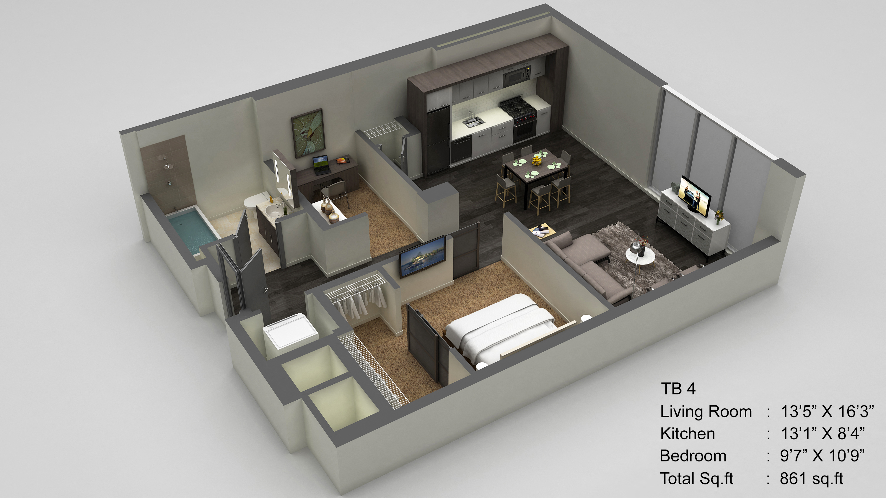 Floor plan for 1 bed, 1 bath, 861 sqft